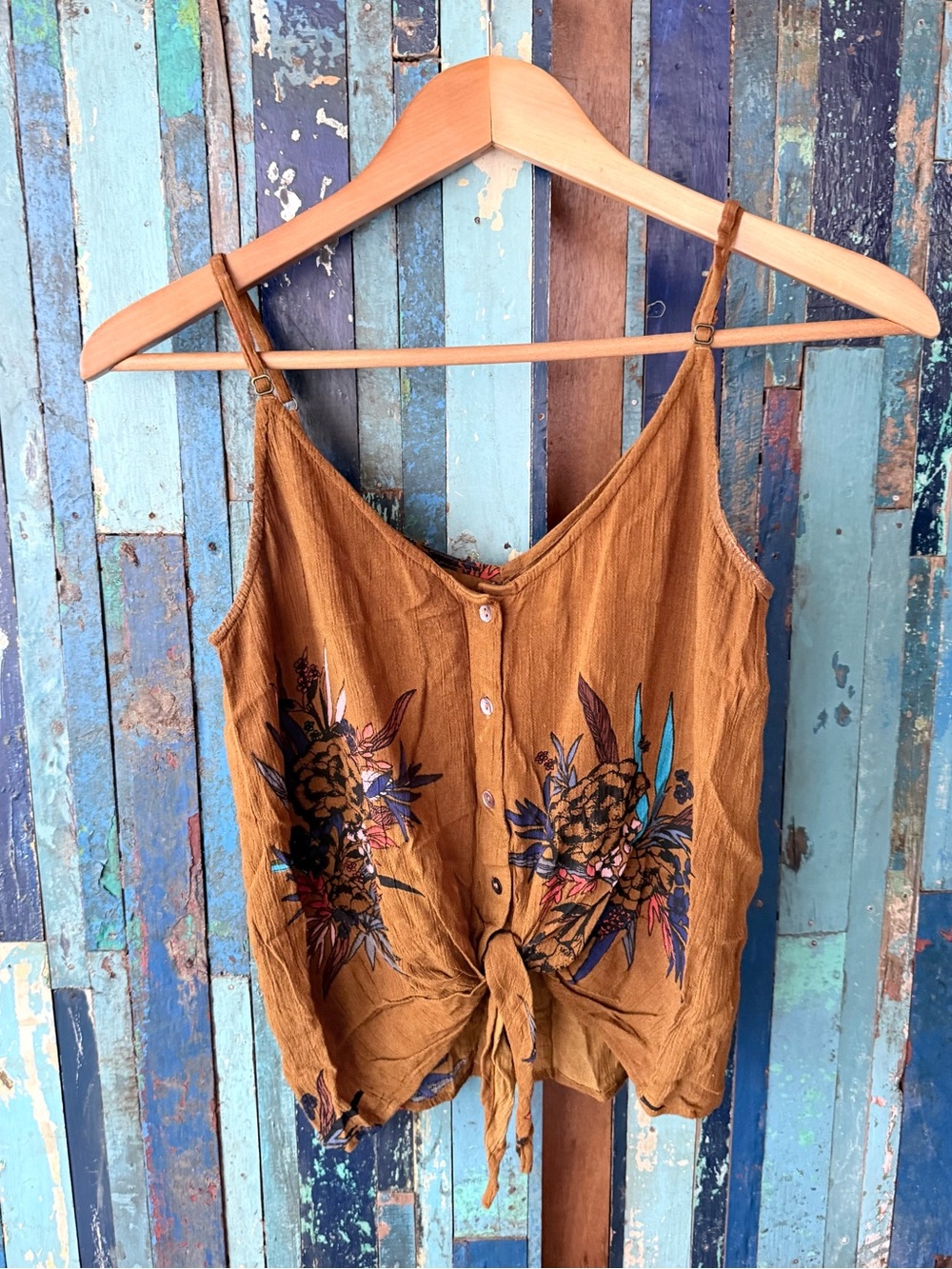 O'Neill Brown Floral Tie-Front Spaghetti Strap Camisole